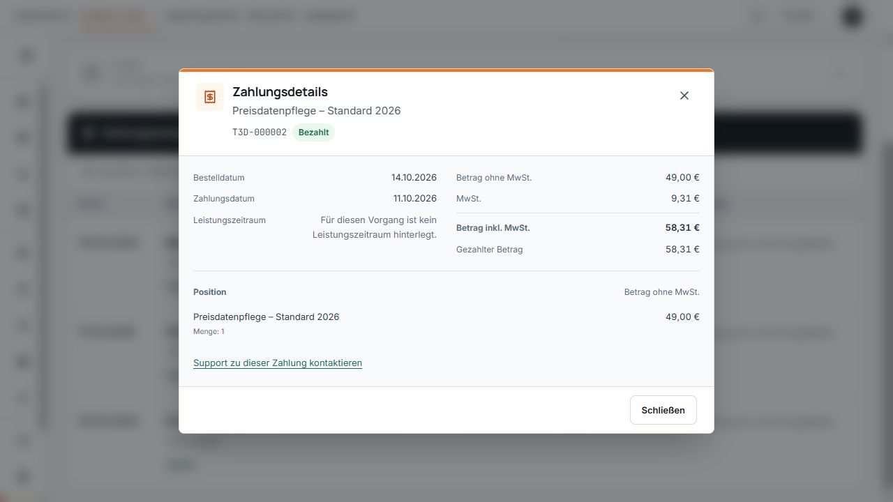 Zahlungsdetails mit Datum, Netto- und Steuerbeträgen sowie einer gespeicherten Position.