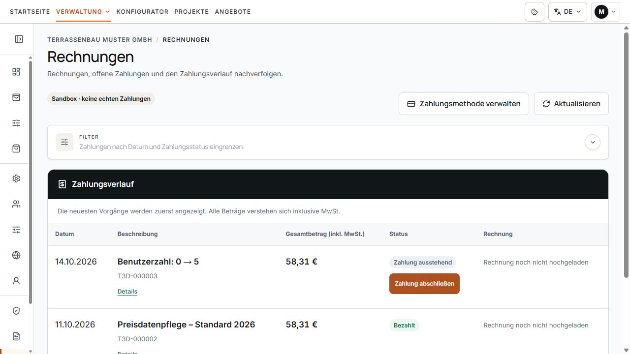 Zahlungsverlauf mit bezahlten und ausstehenden Vorgängen sowie Rechnungsspalte.