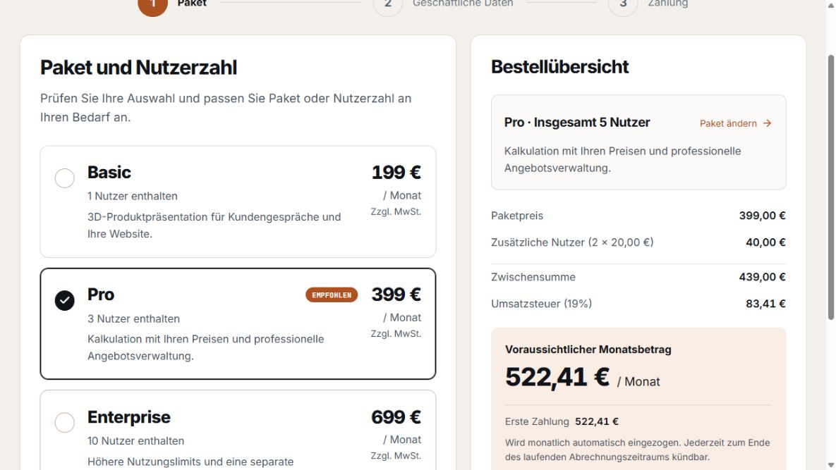 Unterer Bereich der Paketauswahl mit zusätzlichen Nutzern, Steuern und erster Zahlung.