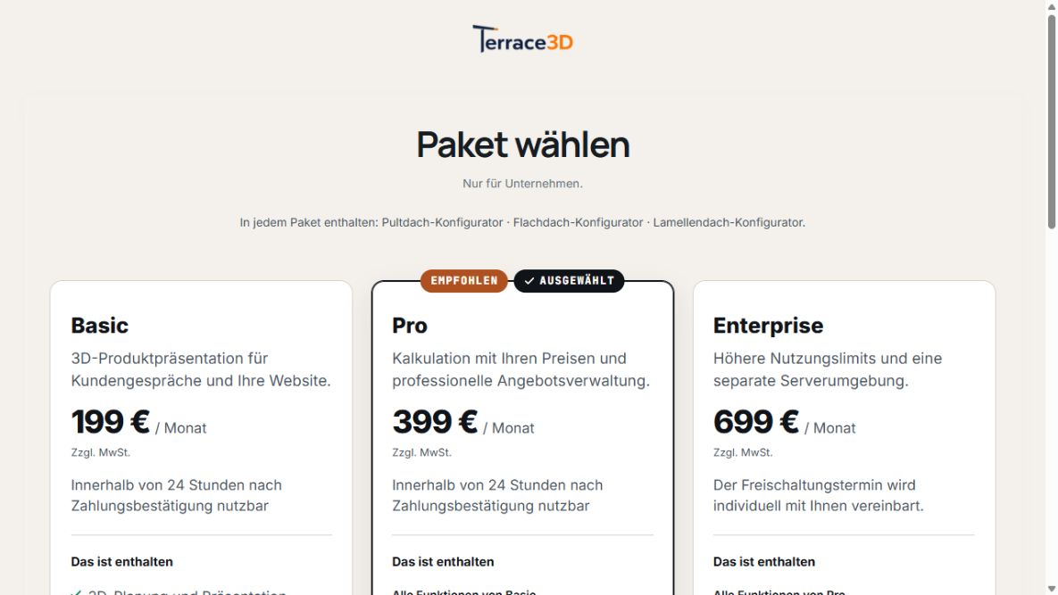 Paketauswahl mit Basic, Pro und Enterprise, Monatspreisen und ausgewähltem Pro-Paket.