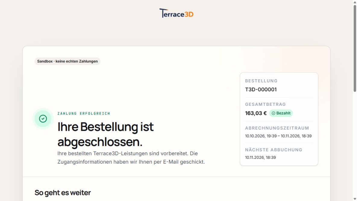 Bestellstatus einer Sandbox-Beispielbestellung mit Zahlung erfolgreich und abgeschlossenem Bereitstellungsstatus.