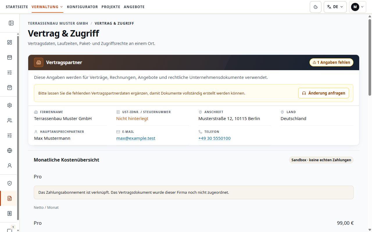 Vertragspartnerangaben mit Hinweis auf eine fehlende Angabe und Aktion Änderung anfragen.