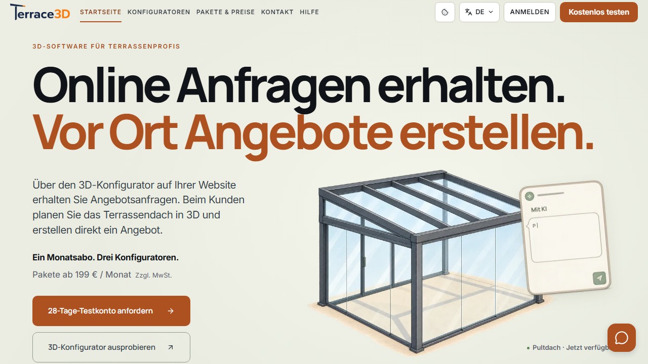 Startbereich der Terrace3D-Website mit Zugang zum Test und Produktdarstellung.