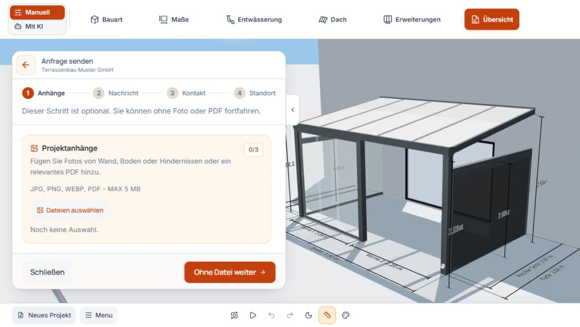 Anfrageformular mit den Schritten Anhänge, Nachricht, Kontakt und Standort sowie optionaler Dateiauswahl.