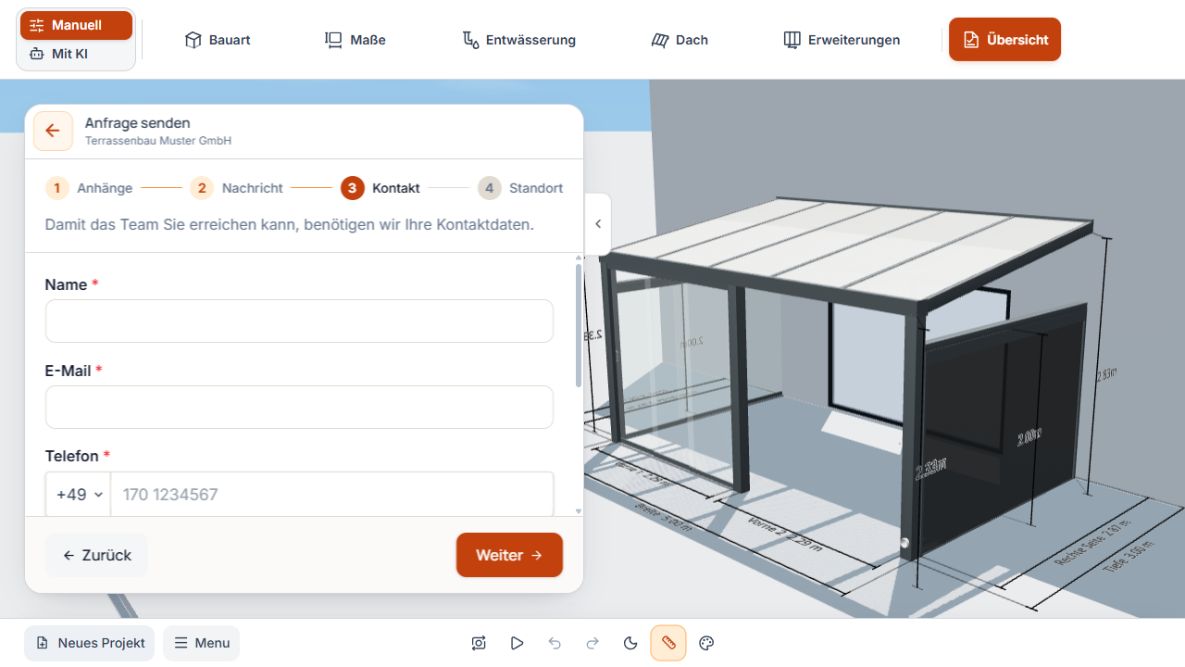 Kontakt-Schritt der Website-Anfrage mit Name, E-Mail-Adresse und Telefonnummer.