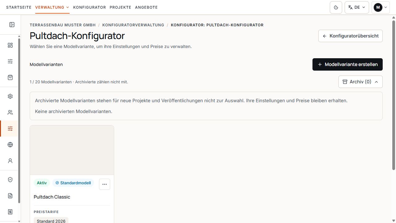 Konfiguratorverwaltung mit geöffnetem, leerem Archivbereich.