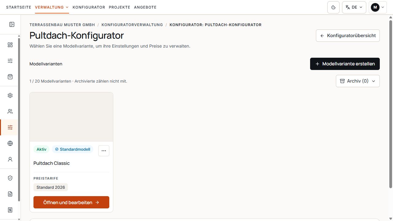 Konfiguratorverwaltung mit aktiver Modellkarte und zugeordnetem Preistarif.
