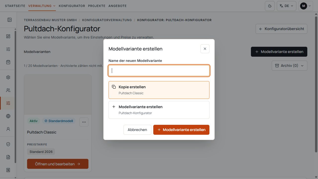 Dialog zum Kopieren oder Erstellen einer Modellvariante mit Namensfeld.