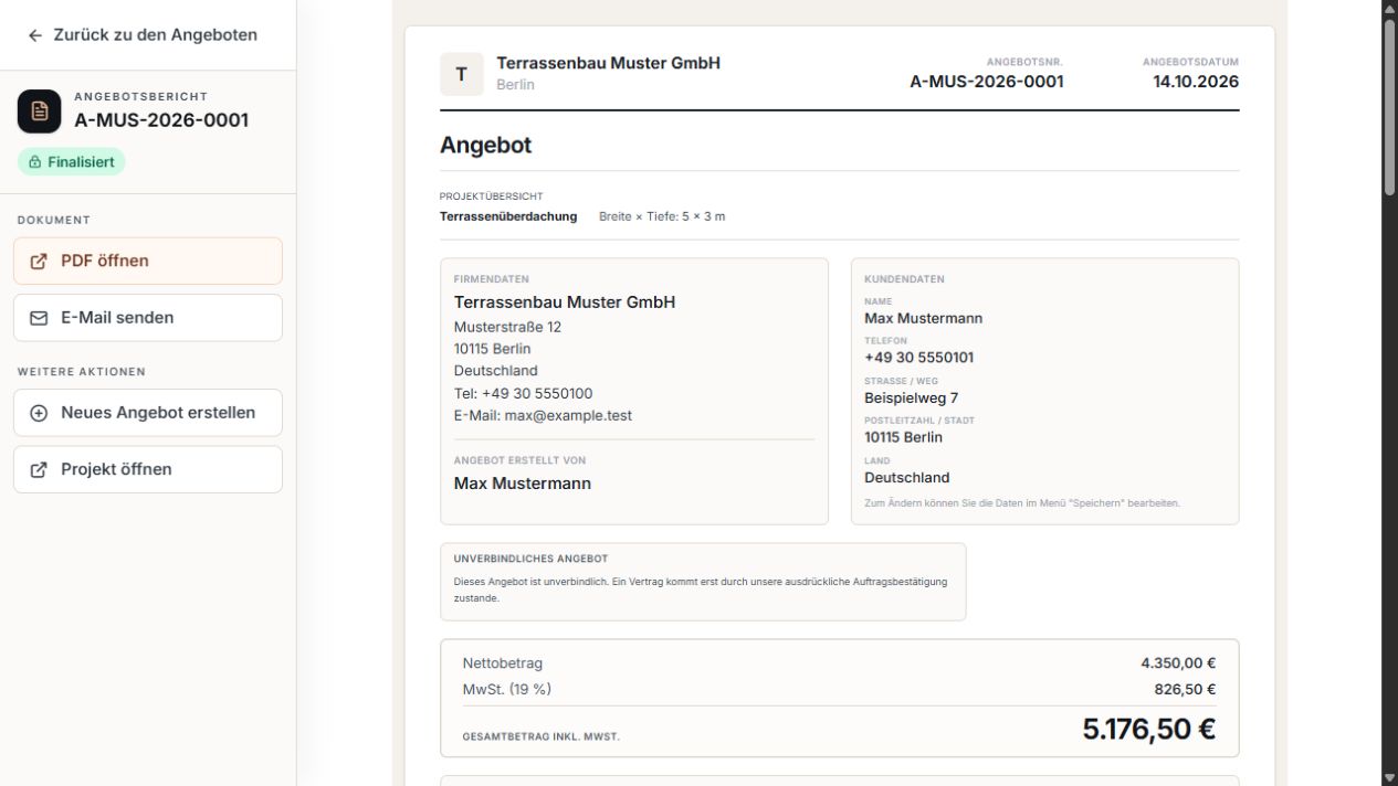Finalisiertes Angebot mit Firmen- und Kundendaten sowie PDF- und E-Mail-Aktionen.