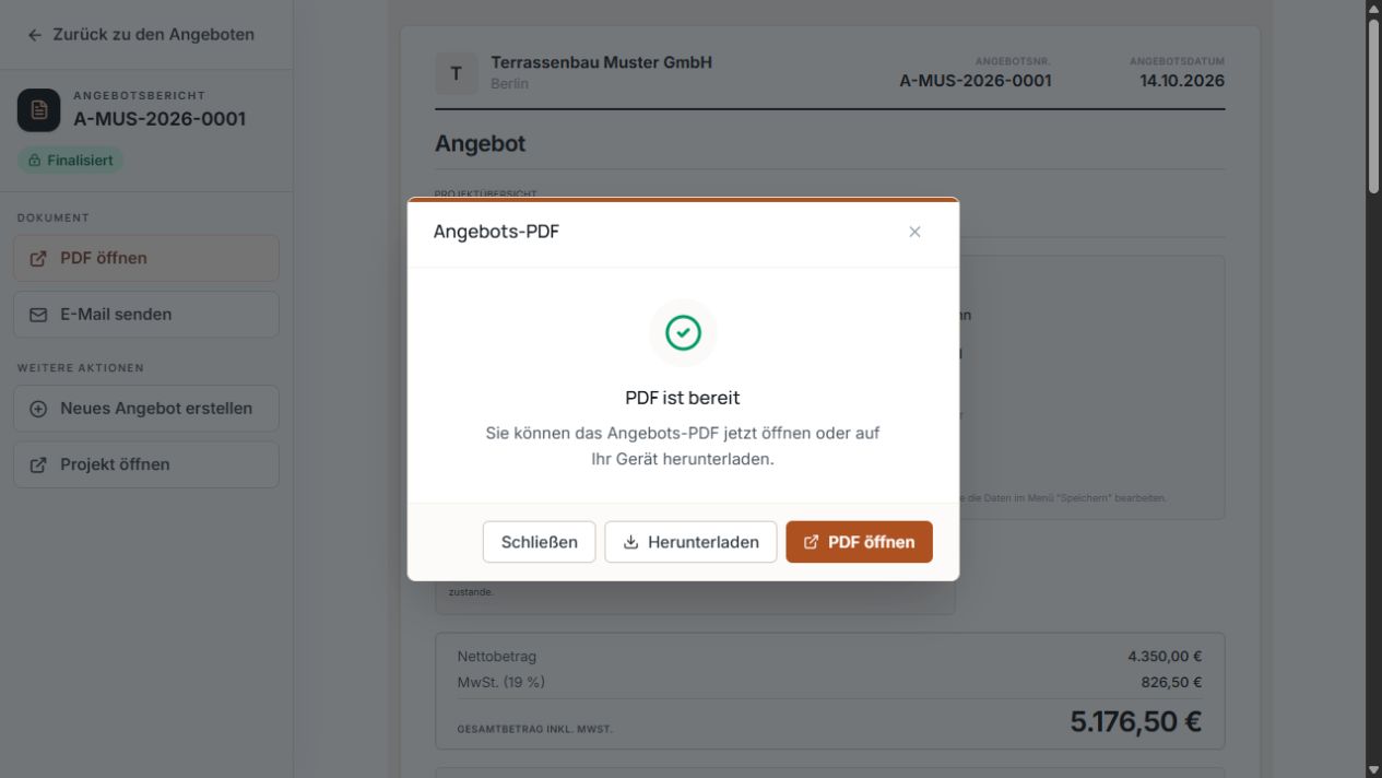 Fenster Angebots-PDF mit Status PDF ist bereit sowie Aktionen zum Öffnen und Herunterladen.