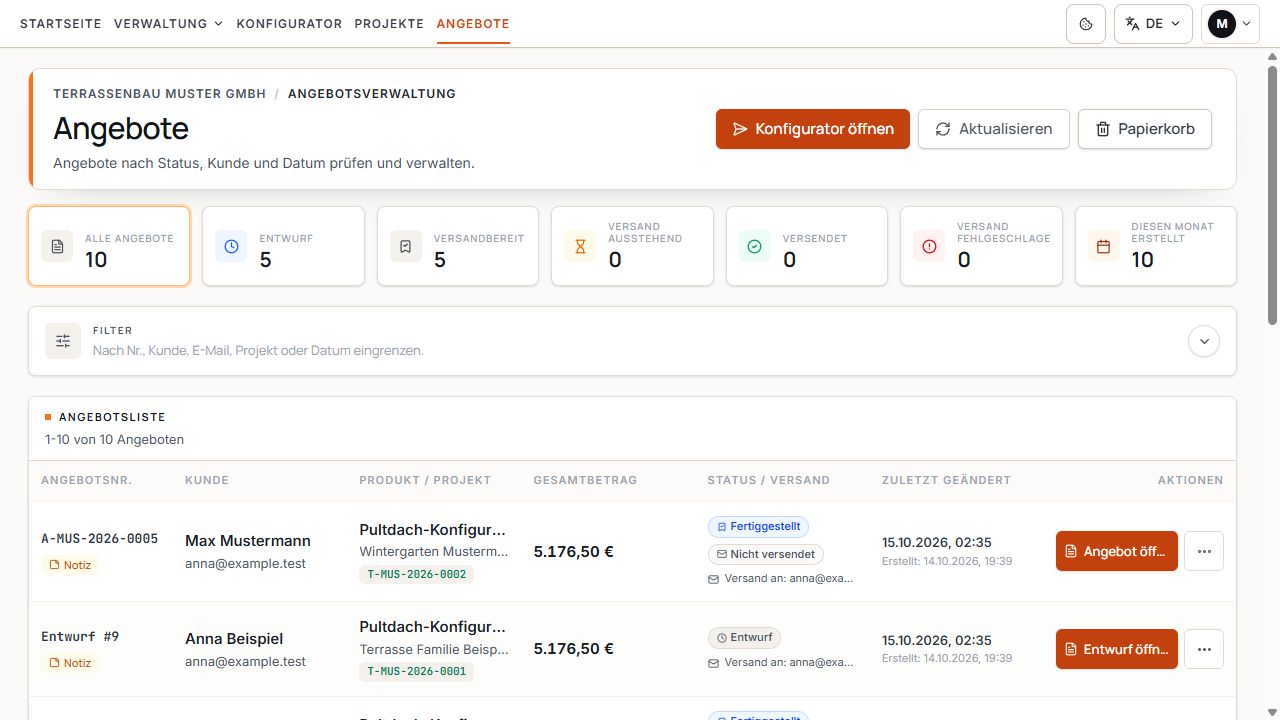 Angebotsliste mit Entwurf, finalisiertem Angebot und Versandstatus.