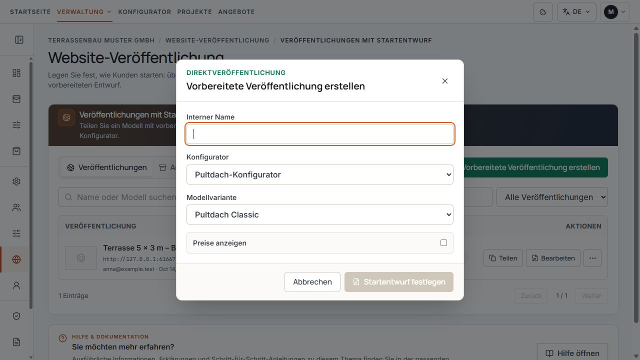 Dialog für eine vorbereitete Veröffentlichung mit internem Namen, Modell und Preisoption.