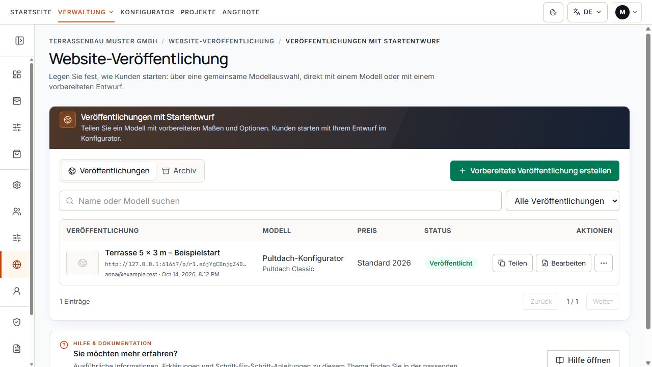 Liste vorbereiteter Veröffentlichungen mit einer veröffentlichten Startvorlage.