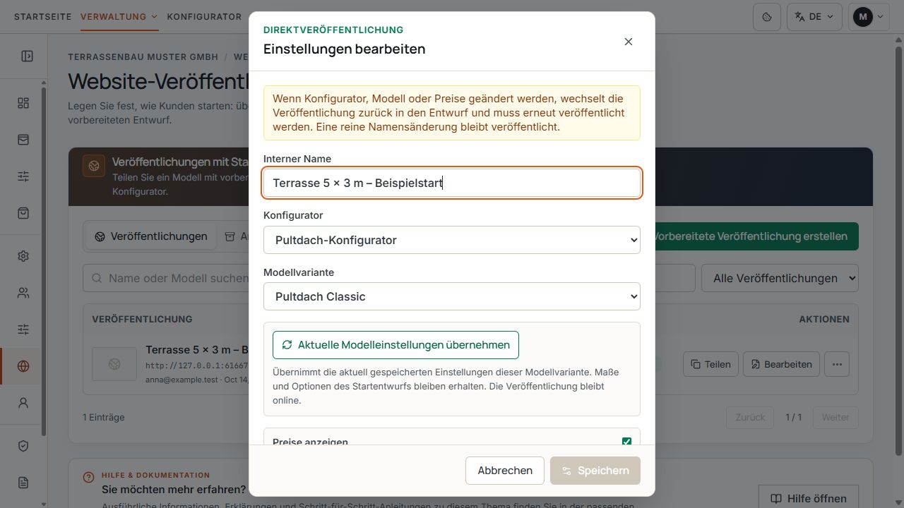 Einstellungen einer vorbereiteten Veröffentlichung mit Aktion Aktuelle Modelleinstellungen übernehmen.