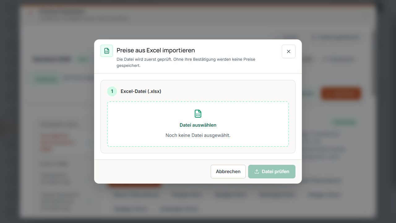 Dialog Preise aus Excel importieren mit leerer Dateiauswahl und deaktivierter Prüfaktion.