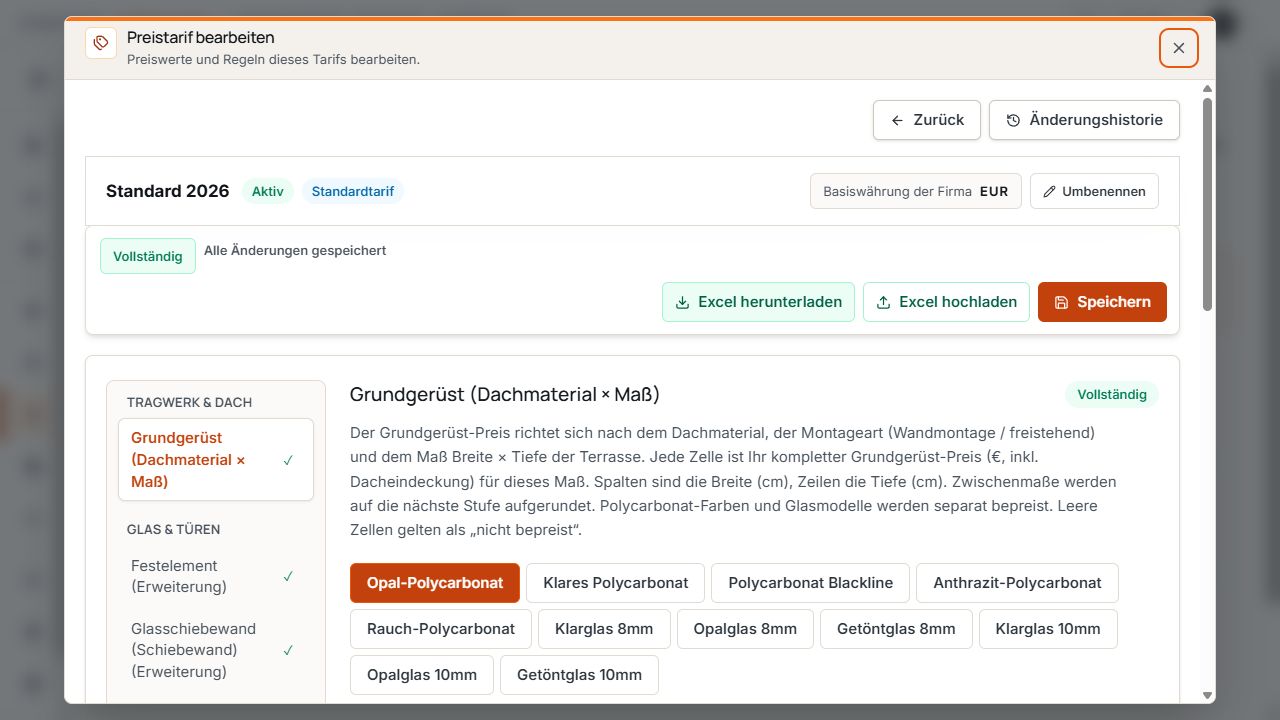 Tarifbearbeitung mit Vollständigkeitsstatus, Preisgruppen und Excel-Aktionen.
