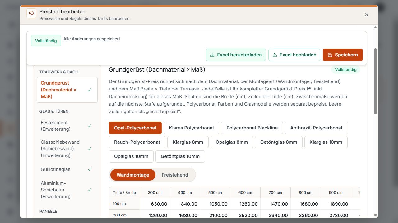 Grundgerüst-Preismatrix mit Tiefe in den Zeilen, Breite in den Spalten und Auswahl der Montageart.