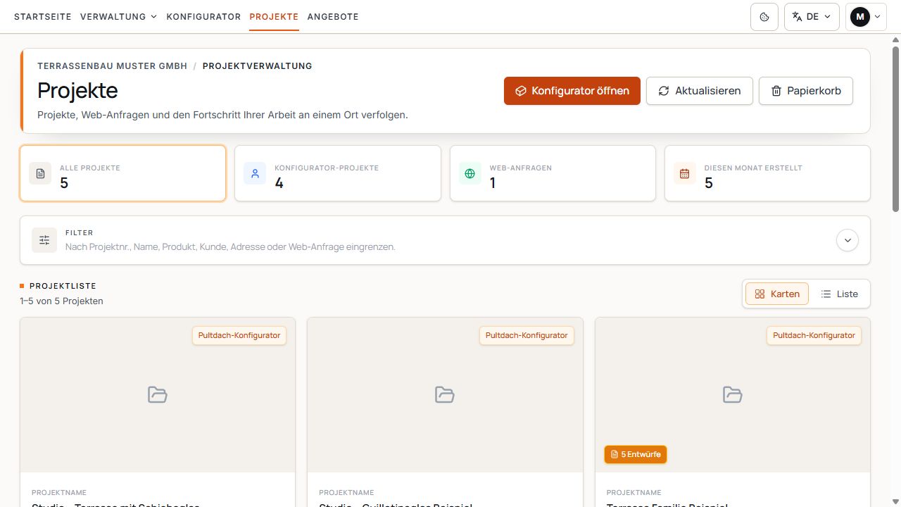 Projektverwaltung mit Suche, Filtern und Karten gespeicherter Projekte.