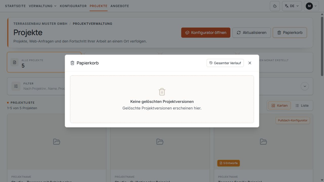 Projektpapierkorb ohne gelöschte Projektversionen.