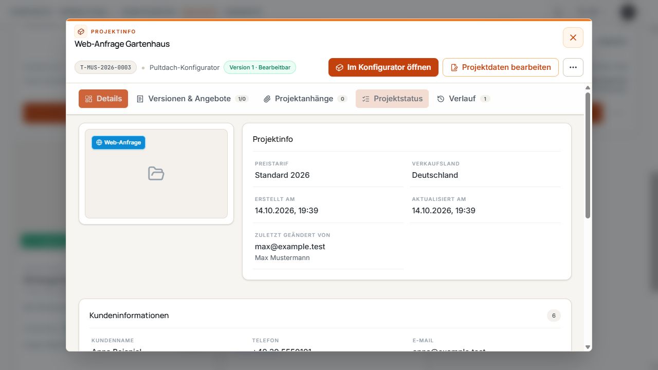 Projektinfo einer Web-Anfrage mit WEB-Kennzeichnung und zugehörigen Projektdaten.