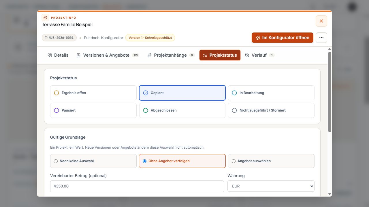 Projektstatus mit Bearbeitungszustand, gültiger Grundlage und vereinbartem Betrag mit Währung.