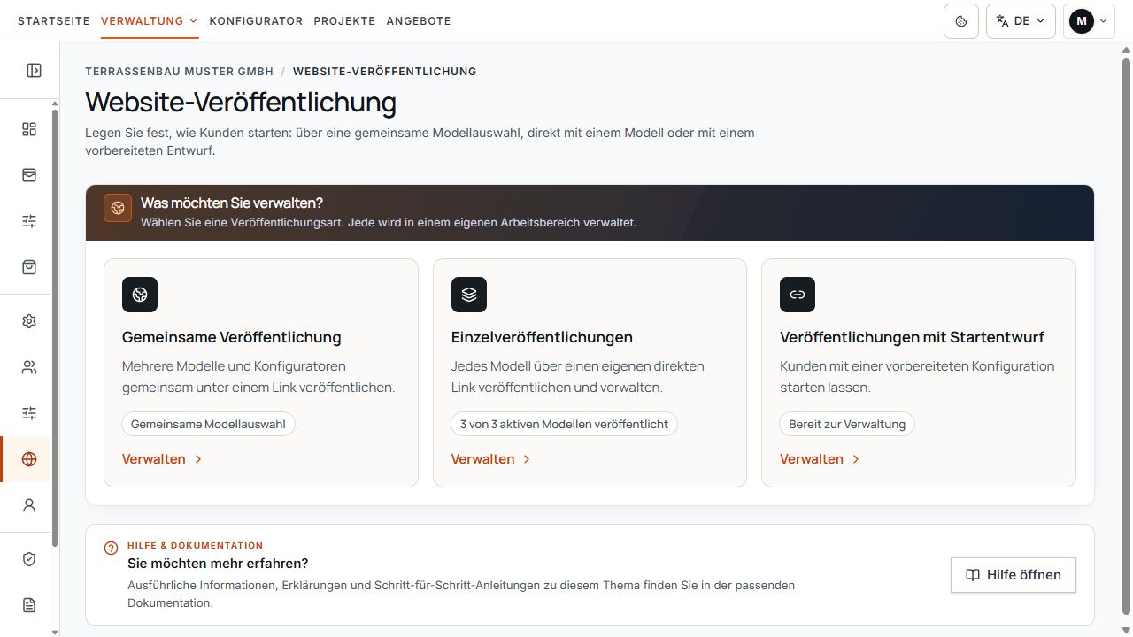 Website-Veröffentlichung mit gemeinsamer Auswahl, Einzelveröffentlichungen und vorbereiteten Veröffentlichungen.