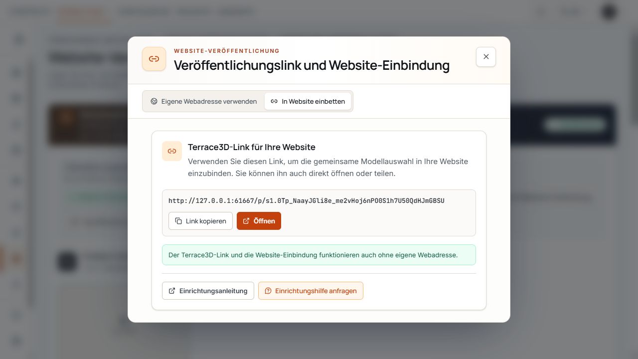 Teilen-Dialog der gemeinsamen Modellauswahl mit permanentem Link und Kopieraktion.