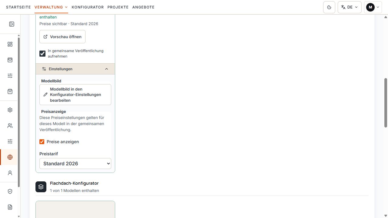 Modelleinstellungen innerhalb der gemeinsamen Auswahl mit Preisoption und Preistarif.