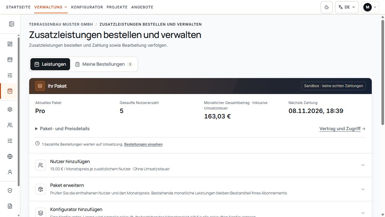 Zusatzleistungsbereich mit aktuellem Paket, gekaufter Nutzerzahl sowie Einträgen zum Hinzufügen von Nutzern und Erweitern des Pakets.