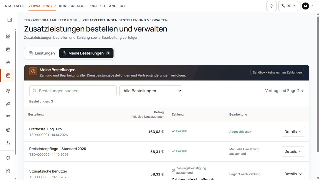 Meine Bestellungen mit getrennten Angaben zu Zahlung und Bearbeitung.