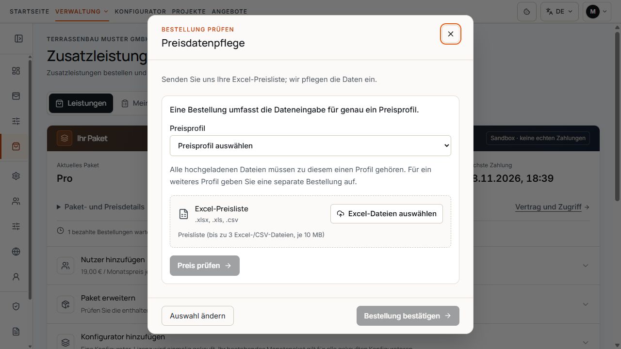 Formular für Preisdatenpflege mit Preisprofilauswahl und Excel-Dateiauswahl.