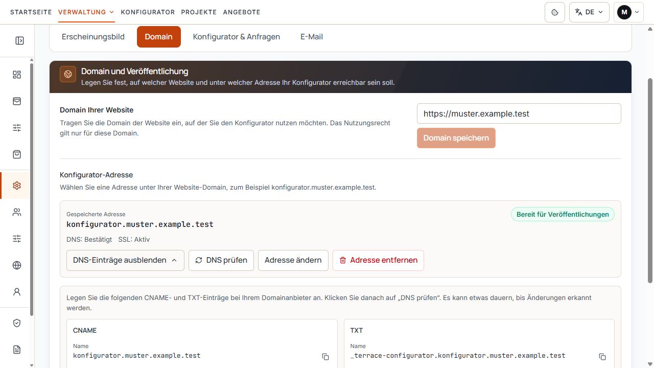 DNS-Bereich der eigenen Konfigurator-Adresse mit CNAME- und TXT-Einträgen sowie DNS- und SSL-Status.