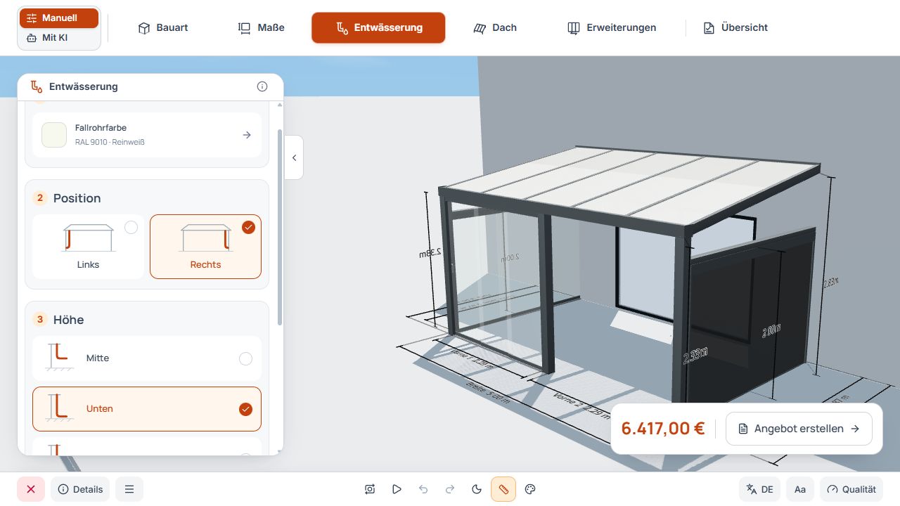 Entwässerungs-Schritt mit Ablaufposition und Höhenangaben neben dem 3D-Modell.