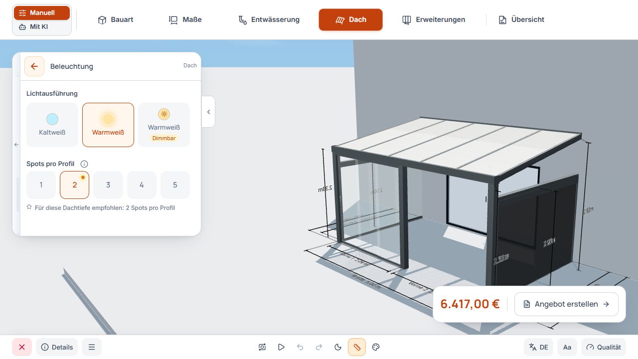 Beleuchtungseinstellungen mit Lichtausführung und Anzahl der Spots pro Profil.