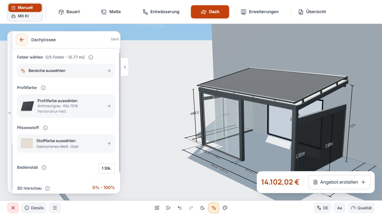 Dachplissee-Einstellungen mit fünf abgedeckten Feldern, Profilfarbe, Stoff und Bedienung.