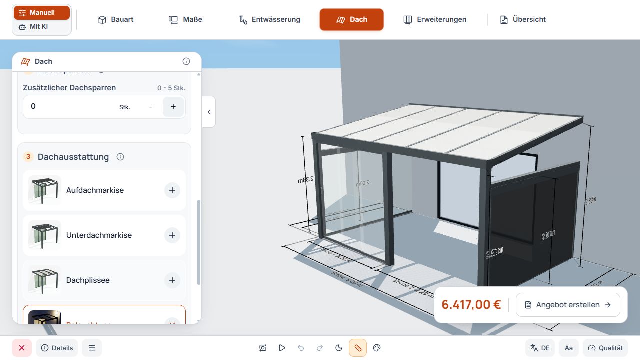 Dacheinstellungen mit Anzahl zusätzlicher Dachsparren und 3D-Modell.