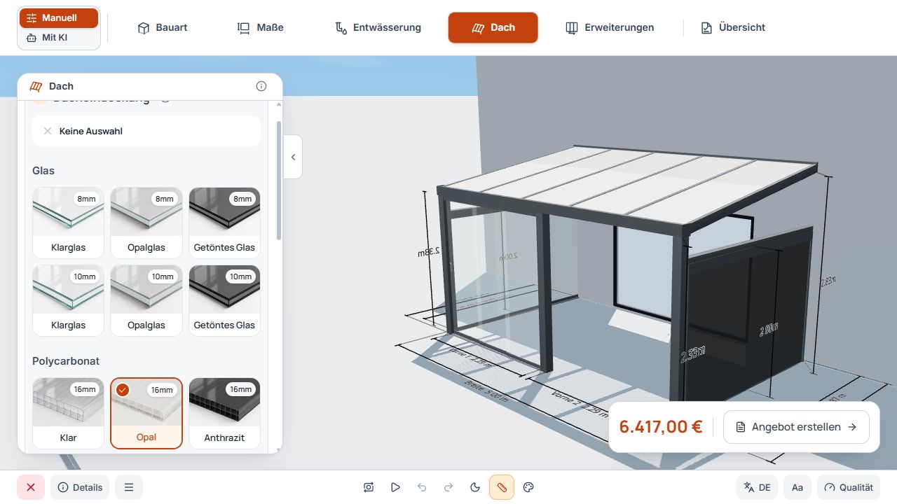 Dach-Schritt mit Auswahl der Dacheindeckung und 3D-Vorschau.