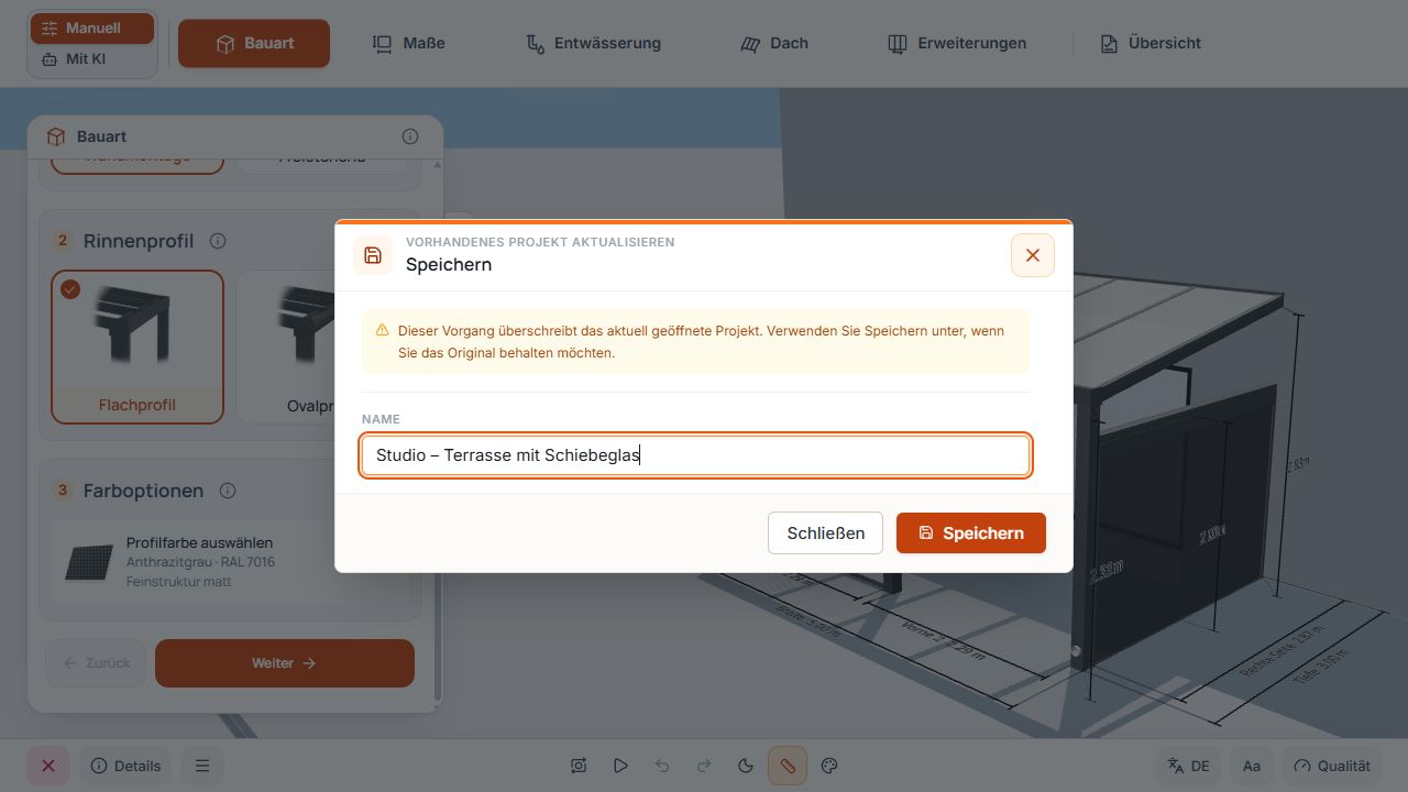 Speichern-Dialog mit Projektname und Hinweis zum Überschreiben des geöffneten Projekts.
