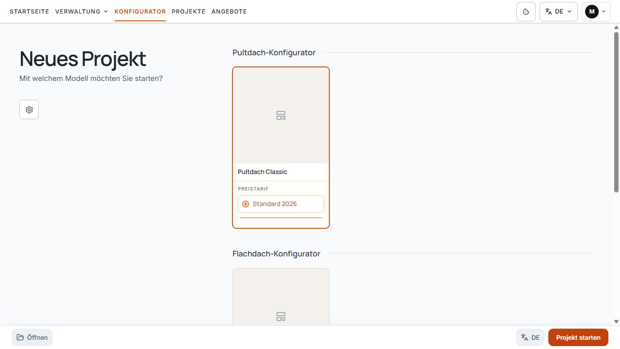 Interner Projektstart mit Modellkarte und zugeordnetem Preistarif.