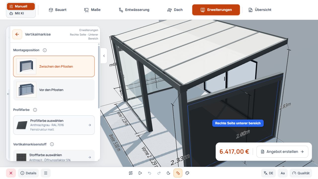 Vertikalmarkisen-Einstellungen mit Montageart, Profilfarbe, Stoffbereich und 3D-Modell.