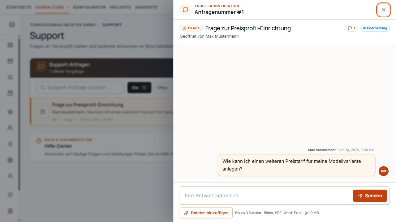 Antwortbereich eines Tickets mit Aktion Dateien hinzufügen und Dateilimit.