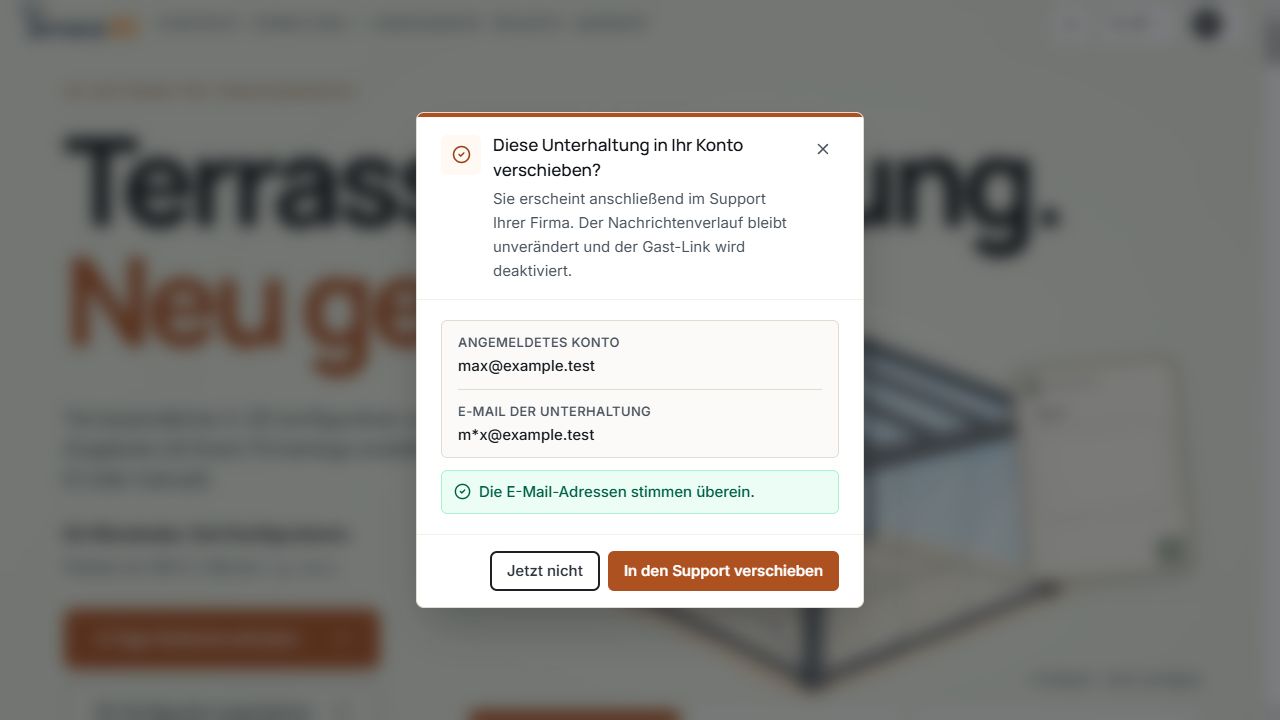 Bestätigungsdialog zum Verschieben einer Gast-Unterhaltung ins Firmenkonto mit übereinstimmenden E-Mail-Adressen.