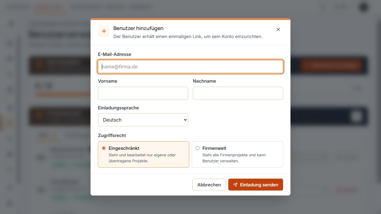 Einladungsdialog mit E-Mail, Namen, Sprache und Auswahl des Zugriffsrechts.