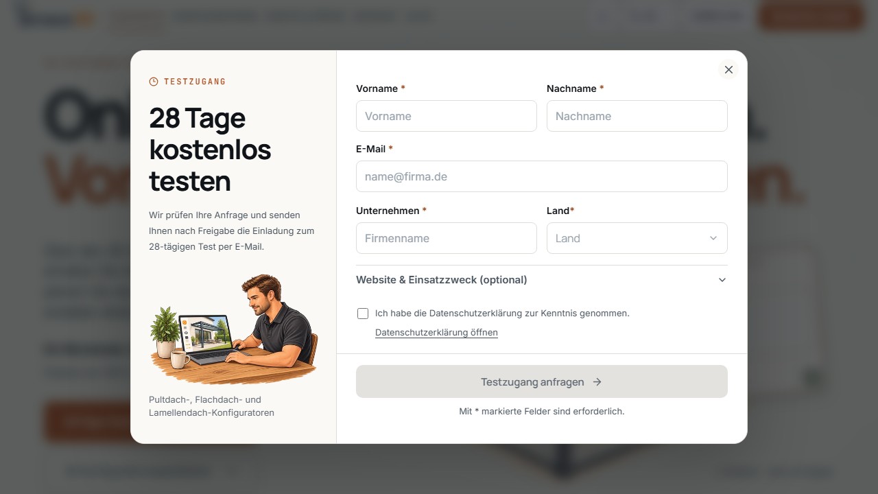 Öffentliches Formular für den 28-tägigen Testzugang mit Personen-, Firmen- und Länderangaben.