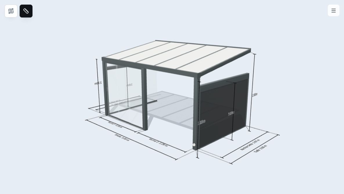 3D-Viewer mit Projektmodell, Bemaßung und Werkzeugen für die Ansicht.