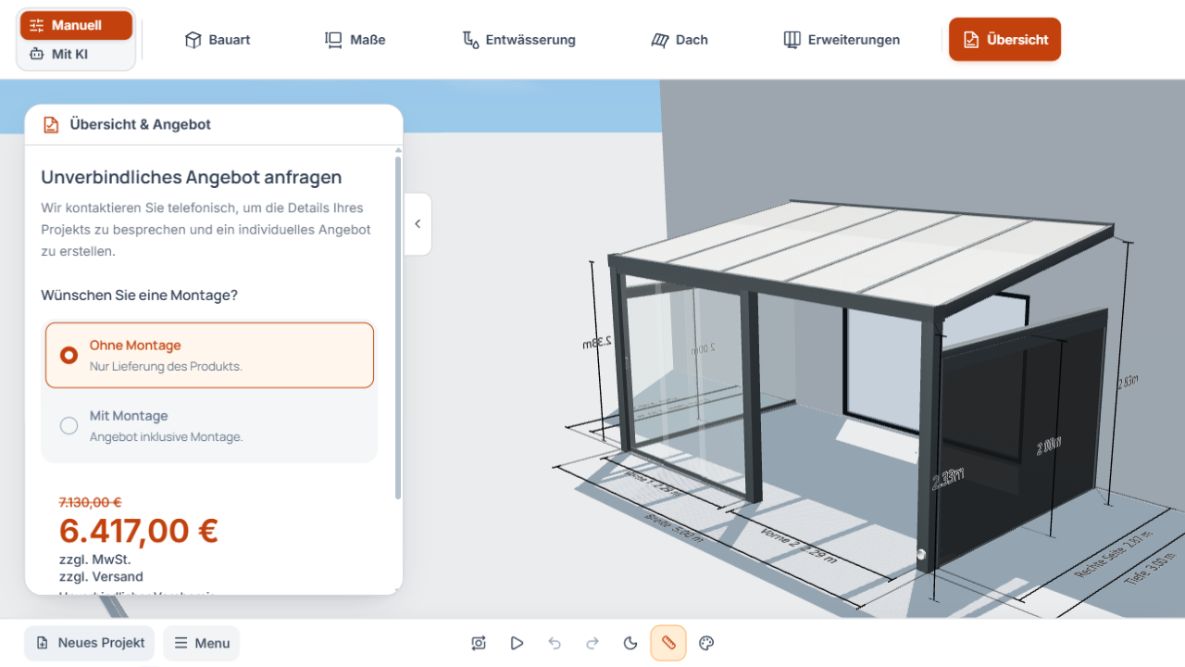 Öffentliche Studio-Übersicht mit Montagewahl, unverbindlichem Vorabpreis und 3D-Modell.