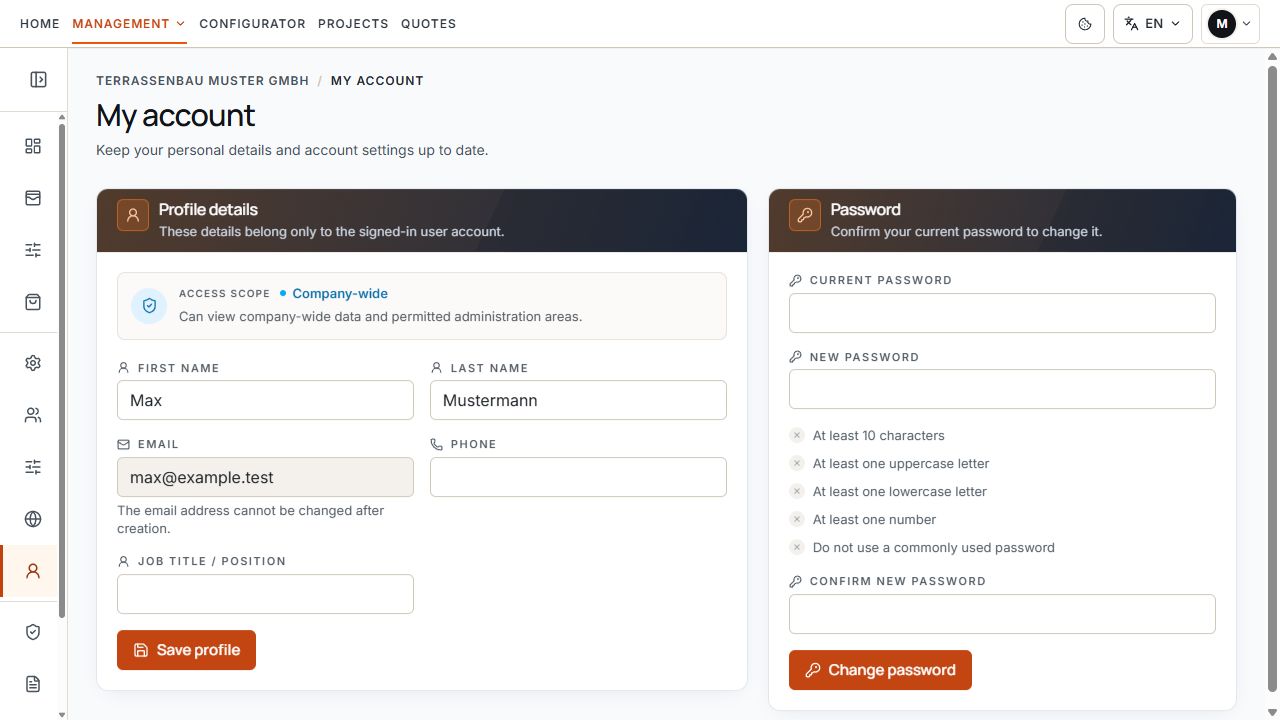 My account with personal profile fields and a separate password area.