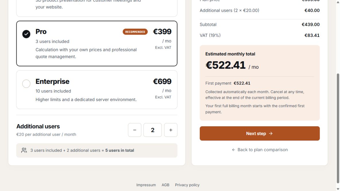 Lower section of the package selection with additional users, taxes, and first payment.