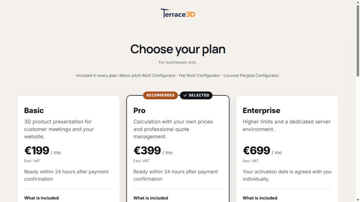 Plan selection with Basic, Pro, and Enterprise, monthly prices, and Pro selected.