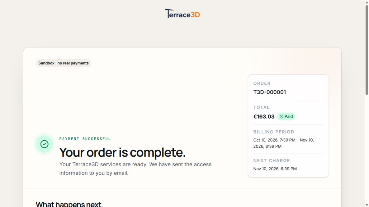 Order status of a sandbox sample order with successful payment and completed provisioning status.